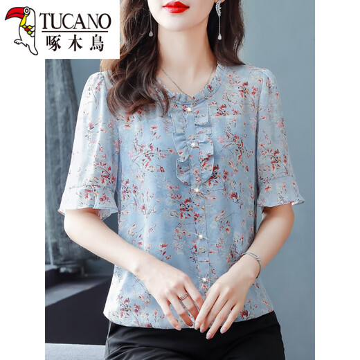 Woodpecker chiffon shirt short-sleeved women's 2025 new temperament belly cover top for women, light luxury and fashionable shirt, pink XL (115-125Jin[Jin equals 0.5 kg])