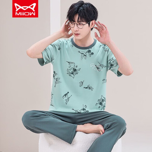 Catman Miiow Internet Celebrity Men's Pyjamas Summer Coton Panton à manches courtes de grande taille Style mince d'été pour la sortie décontractée 3523 L Men-120Jin [Jin est égal à 0,5 kg]