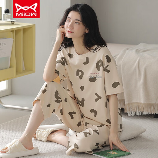 Catman Miiow Pure Cotton Pyjamas für Frauen Sommer kurzärmeligte Hosen Sportstil locker und lässig können außerhalb des Frühlings-Hausbekleidungsanzugs T-9856 (kurzer Anzug) M (80-Jin [Jin gleich 0,5 kg]) getragen werden)