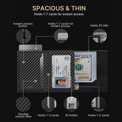 Buenos productos seleccionados, venta popular para hombres, billetera de caja de aluminio emergente de tres veces, blindaje RFID, gran capacidad, tarjeta de cera de aceite ultra fibra, fibra de carbono negro