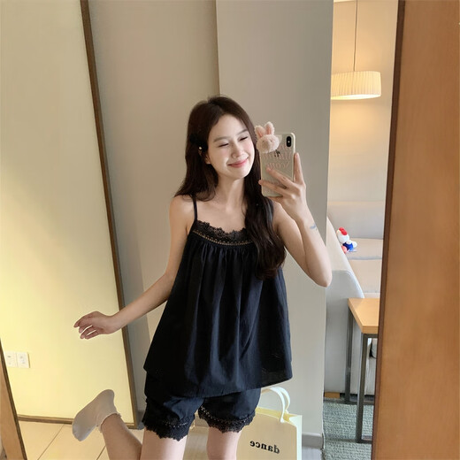 Yizhao Tianxia Korean version simple solid color suspender pajamas for women's summer 2025 new lace sleeveless home clothing set blue suspender shorts 6629 S