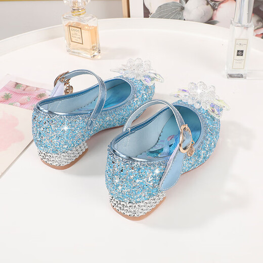 Meiyi Tong 2025 Spring and Autumn New Thick Heel Princess Shoes Cartoon Princess Elsa Mary Jane Shoes Girls Crystal Sequins Blue 28 Inner Length 17.5cm