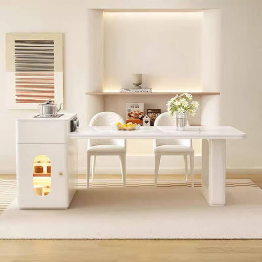 Pupan cream style slate island dining table tea table integrated retractable home small apartment light luxury modern restaurant dining table 1.4+0.4 meters fixed socket white + glossy snow mountain white island dining table flat style