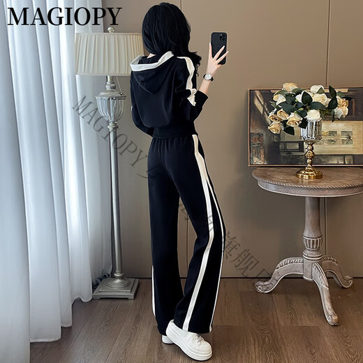 MAGIOPY国际奢侈高档品牌欧货高级感休闲运动套装女秋季时尚减龄连帽外套 黑色 S(100斤以内)