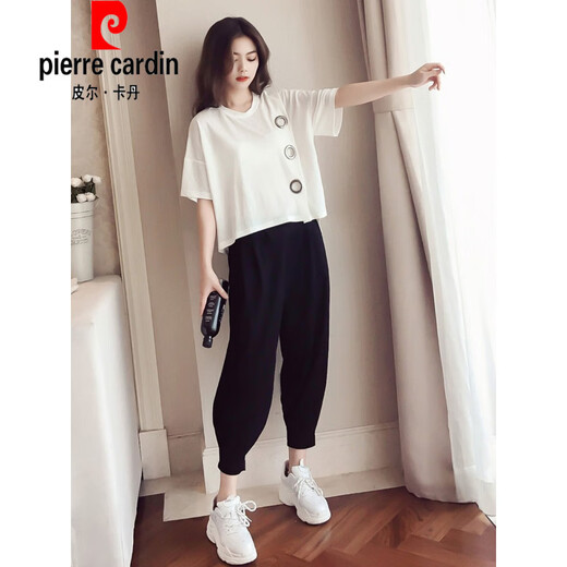 皮尔卡丹（pierre cardin）大版女装女装胖m哈伦裤套装2025春夏新款洋气显瘦遮肚运动休闲两 黑色《9928》 M 《建议80-100》