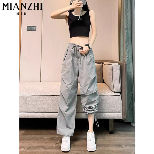棉致美式冰丝速干工装休闲裤子女夏季薄款2025新款高腰显瘦运动阔腿裤 E688黑色【高品质30.5】 M 90-100斤
