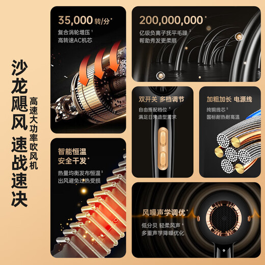 Hair dryer for hair salons, strong wind, home barber shop, high-power negative ion silent quick-drying hair care hair dryer, blue light hair care, dark night black 1300W five-piece set