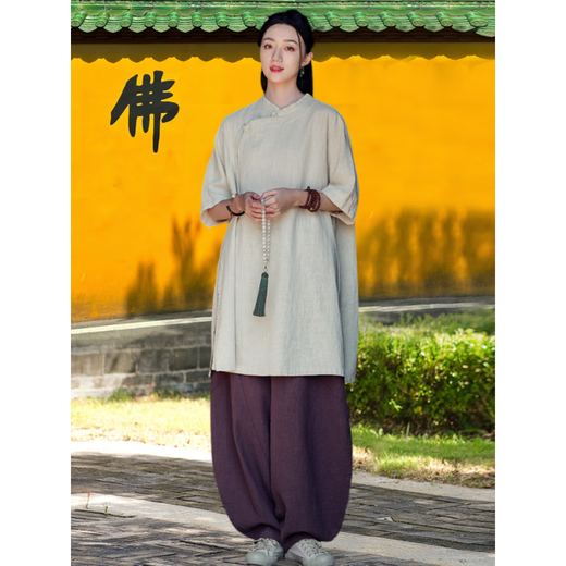 德国品质禅服修行女中国风佛系禅意女装夏季中式斜襟上衣寺院棉麻拜佛素衣 (套装)禅紫短袖上衣+麻色阔腿裤6189# S