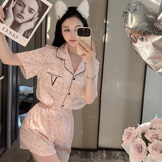 雅鹿2025新款豹纹睡衣女夏天薄款凉爽冰丝短袖长裤网红少女家居服套装 品牌YFY-9905【短袖长裤】 M 【建议80-100斤】