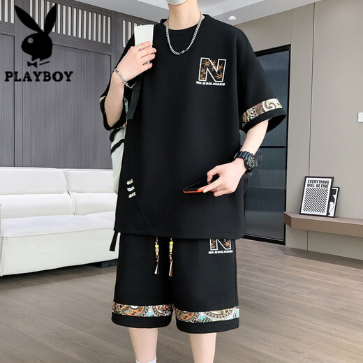 花花公子（PLAYBOY）夏季新款大码休闲运动套装男士短袖短裤两件套潮 【套装】6195：白色 4XL (建议190-210斤)