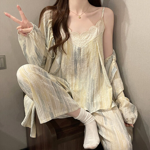 Pure Fengyun Fengyun Duo Cotton Start Pajamas para mujeres Juego de ropa para el hogar de la manga larga de tres piezas de tres piezas F9928# M Recomendado 80-100