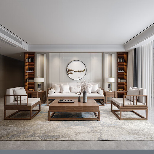 Jigi Song Dynasty aesthetic all solid wood sofa living room lobby villa Zen light luxury new Chinese style modular furniture whole house set single seat*2+double seat+three person seat+coffee table