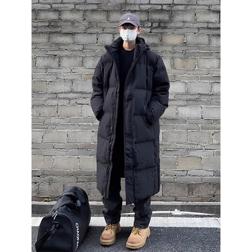 Maycaur black American hooded mid-length velvet cotton coat for men in winter thickened over the knee Northeast cold-resistant handsome coat black L _100-115Jin Jin equals 0.5 kg