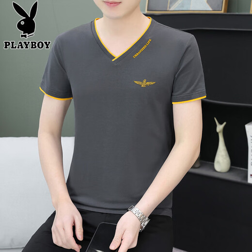 Playboy (Playboy) T-shirt à manches courtes pour hommes à manches courtes en V pur en forme de V Coton en V Finche à moitié à manches minces Sweat mince Sweat Black Qy693 M