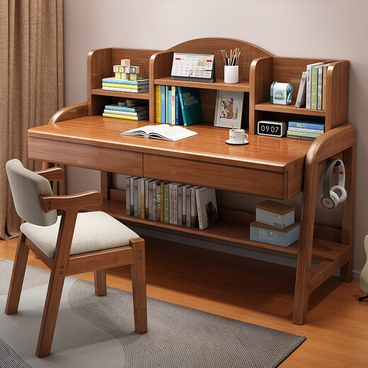 YIBOL solid wood children's study table for primary and secondary school students, home bookshelf integrated table for bedroom, liftable children's writing desk and chair, walnut color single table, imported solid wood, length 80*width 60*height 113cm