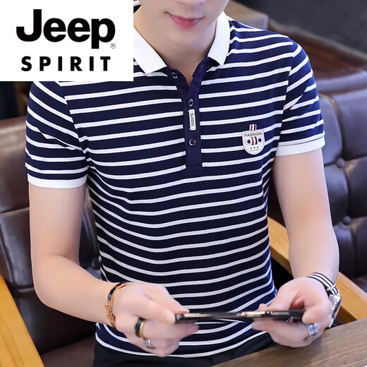 JEEP SPIRIT男士短袖t恤新疆纯棉修身时尚体桖T恤夏季潮流条纹Polo衫新款夏装 W7029白色 M 90-105斤