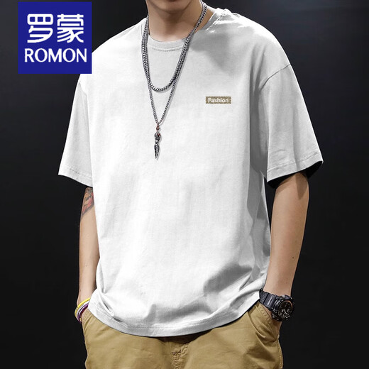 罗蒙（ROMON）重磅新疆棉纯棉夏季美式圆领短袖t恤男款日常宽松休闲潮牌短袖男T 白色-1365短袖-100%纯棉 S 【建议90-115斤】
