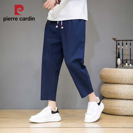 Pierre cardin Chinese style linen cropped pants men's pants summer thin straight-leg casual pants loose large size cotton linen harem pants trendy beige M [95-115Jin [Jin equals 0.5 kg]]