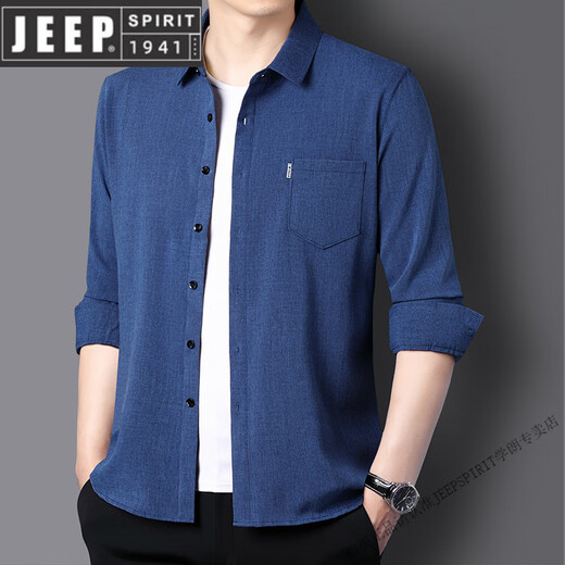 Jeep Spirit 2025 Primavera y verano. Camisa de manga larga de algodón y lino de algodón de manga larga El papá es versátil informal y sin pulir, azul real M --- sugerido 90-110Jin [Jin iguala 0.5 kg]