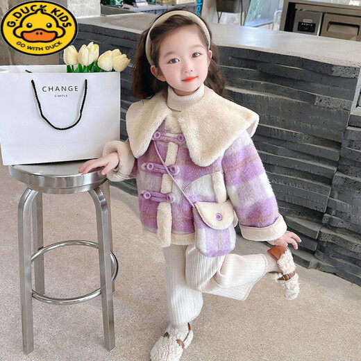 G.DUCKKIDS Girls' Plaid Woolen Coat 2024 Autumn and Winter New Style Western Style Baby Girl Temperament Mid-Length Velvet Woolen Coat Purple Plaid 130 cm