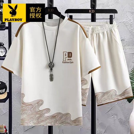 花花公子（PLAYBOY）夏季短袖t恤休闲运动套装男士加大码短裤2025新款一套半袖上衣服 693米+大字母裤 M