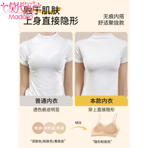 莫代尔粉底液隐形无痕内衣女小胸聚拢夏季薄款凉感冰丝美背细肩带文胸罩 隐形肤+香槟 M 【105斤以下32/70、34/75ABC】