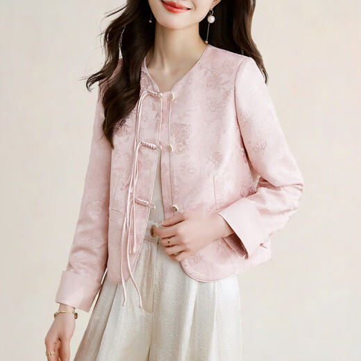 OLJ轻奢品牌短款外套女2025年春季新款国风盘扣小香风百搭显瘦上衣 粉色 M