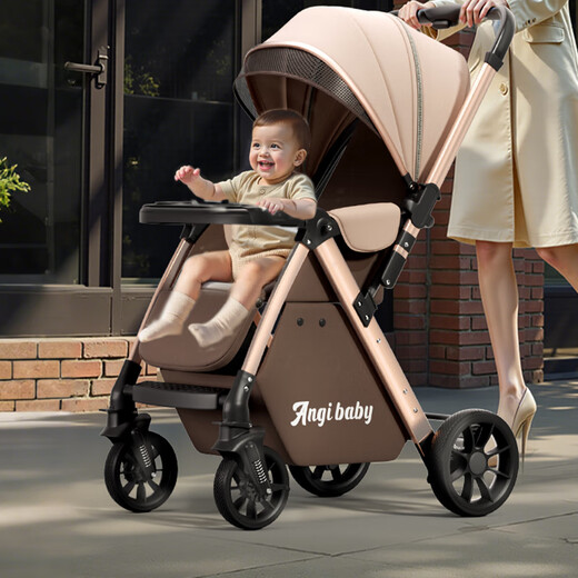ANGI BABY stroller, high view, can sit and lie down, lightweight foldable, two-way push stroller, baby stroller, khaki color, can sit and lie down + four-wheel shock absorber, stroller can sit and lie down, one-button closing, four-wheel shock absorber