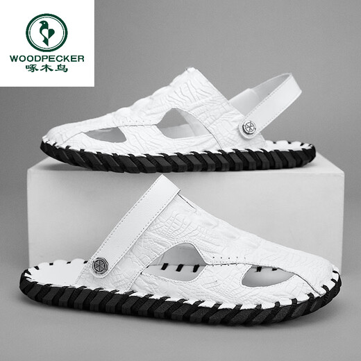 Woodpecker 2025 summer genuine leather men's bag-toe soft-soled sandals wear outside to drive beach business high-end casual sandals M9855 black waterproof and non-slip 38
