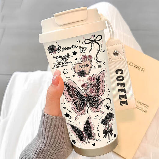 咏幻简约蝴蝶保温杯不锈钢便携双饮咖啡杯2025新款女吸管水杯子高颜值 BW1049暗粉蝴蝶A+配挂绳 不锈钢