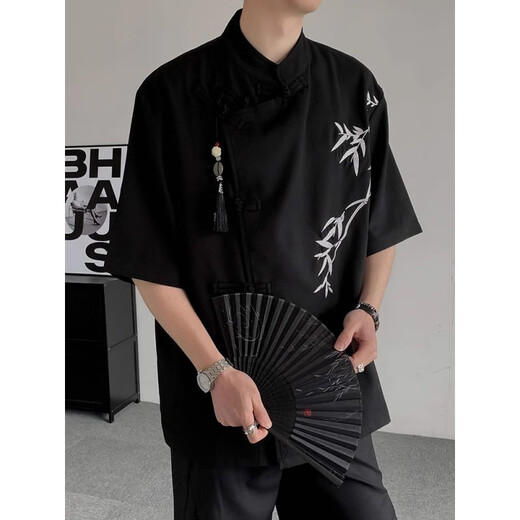 Schwören von Männern Verlobung vom neuen chinesischen Top -Ice -Seidenhemd Herren Sommer Bambus bestickter Anzug Hemd Reinigungsmittel schwarzes Hemd 5xl