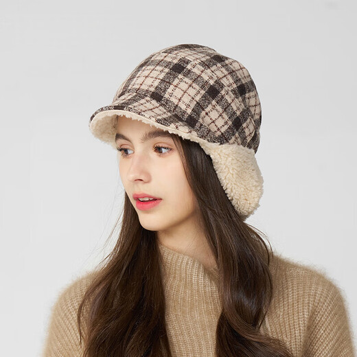 Kenmont wool plaid ear protection beret women's lamb velvet thickened warm double-sided peaked cap km-5264