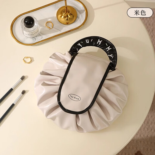 Shouli lazy cosmetic bag for women ins portable large capacity cosmetics storage bag travel waterproof bag drawstring toiletry bag large capacity closes in one second almond white