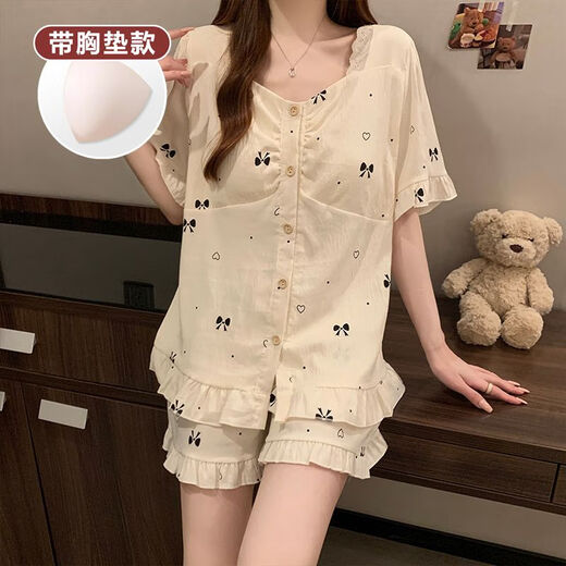 古今（GUJIN）夏季新品云朵棉睡衣女短袖短裤甜美蝴蝶结带胸垫外穿家居服送女友