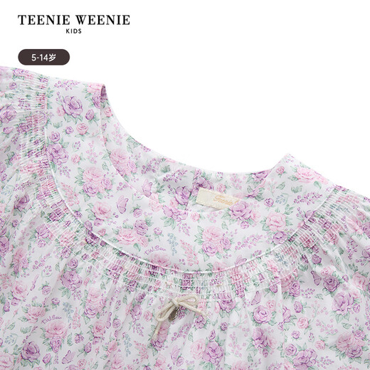 Teenie Weenie Kids Little Bear Children's Clothes Girls' Sweet Floral Round Neck Short-Sleeved Shirt Light Purple 160 cm