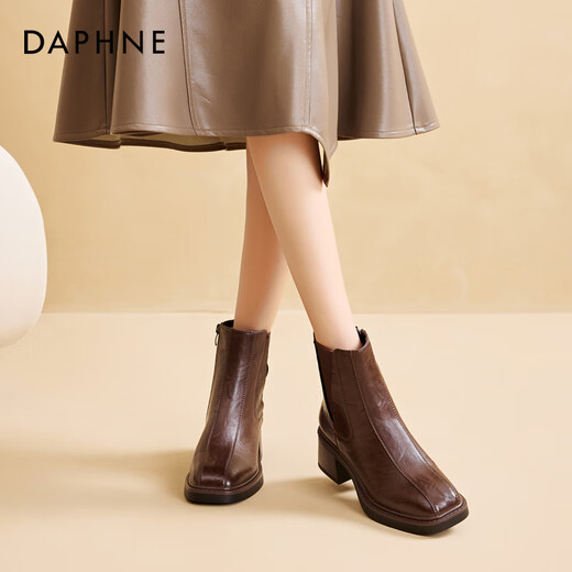 Daphne short boots for women new autumn and winter French high-heeled slim boots with temperament and versatile Martin boots for women brown plus velvet 37