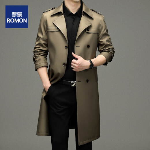 罗蒙（ROMON）男士免烫过膝长款双排扣风衣大衣2025春秋季新款长款风衣男 黑色 XL 180