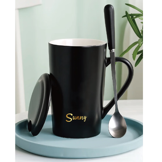 JINGREPUBLIC mug ceramic coffee cup tea cup large capacity 380ml with spoon lid Lucky series black