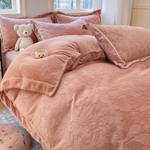 Mercury series A type 230g milk velvet coral velvet bed four-piece set 6D carved velvet winter bedding flannel thickened quilt cover 1 Yunshang-grey purple 1.8m bed sheet four-piece set