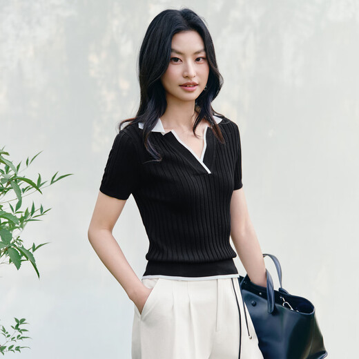 伊芙丽（eifini）伊芙丽撞色POLO领假两件针织衫女短袖上衣2025夏装新款 黑色 M 100-110斤
