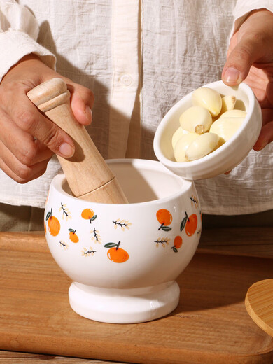 GIOIO special retro thickened garlic mortar for pounding garlic, hand-pressed lidded masher, commercial threaded grinding porcelain jar with lid, good luck, garlic pounder-400ml + beech stick