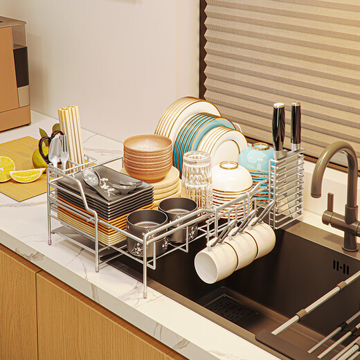 Jijian Space Kitchen Bowl Rack Drain Rack Countertop Multi-function Pool Place chopsticks Water Cup Storage Rack Tableware Bowl Dish Storage Rack M688 Small Single Layer Silver Gray 47CM No Pendant