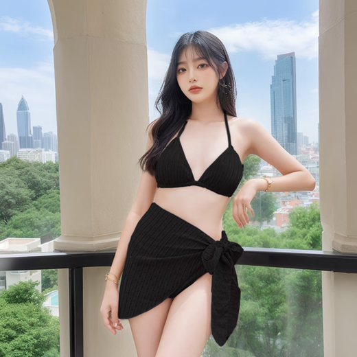 夏季新款比基尼泳衣女三件套ins风高级感遮肚显瘦泡温泉度假泳衣 黑色【泳衣+泳帽+泳镜】 XL 【建议105-120斤】