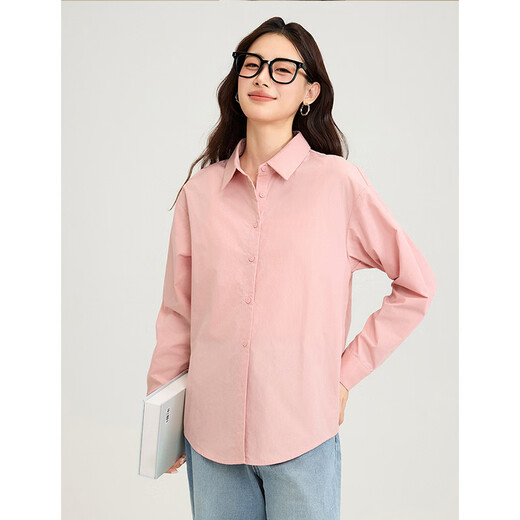Inman Simple Commuting Casual Spring Women's Loose Classic Retro Long Sleeve White Shirt Top Leather Pink M