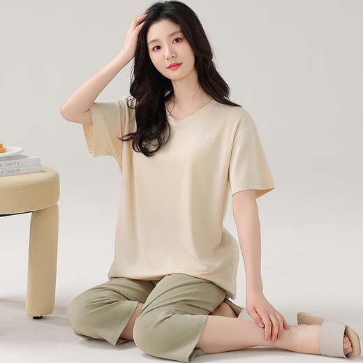 雅鹿莫代尔睡衣女夏加肥加大码短袖七分裤夏天薄款宽松套头家居服套装 XP-7027 M