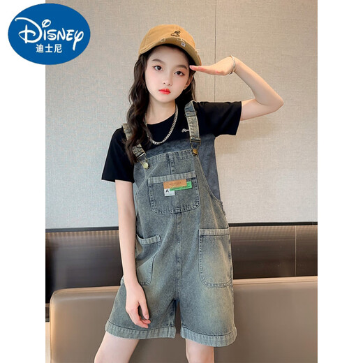 Disney Girls Summer Salt and Sweet Overalls Set 2025 New Internet celebrity children's summer wear Street Fried Pants Summer Short Sleeve + Overalls 170 cm