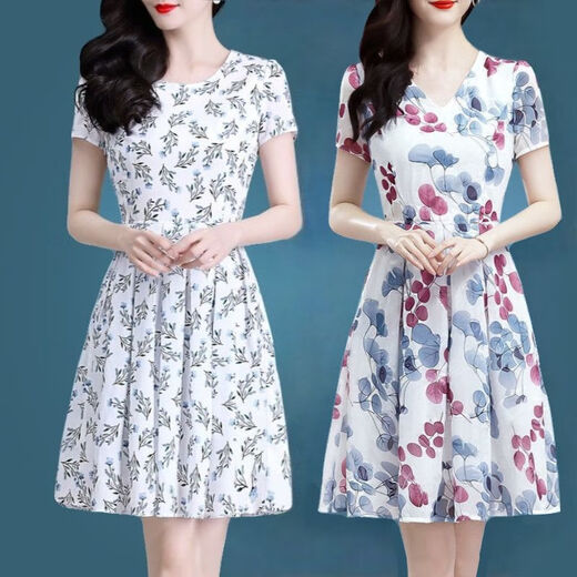 
Ice silk dress summer 2025 new floral skirt temperament 40-50-year-old middle-aged women's short-sleeved printed skirt Ice silk 9901 skirt XL 115-125Jin[Jin equals 0.5 kg]