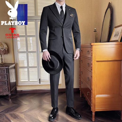 Playboy suit men's high-end business formal wear high-end sense lapel collar groom wedding casual suit men's fashion black XL 52 120-135Jin Jin is equal to 0.5kg wear