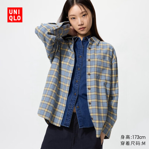 Uniqlo women's flannel shirt/checkered long-sleeved shirt 25 autumn and winter new style 481172 63 sky blue M /160/84A