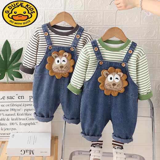 G.DUCKKIDS baby boy spring and autumn denim overalls set new fashionable cartoon baby children's clothes autumn two-piece set green L Lion strap two-piece set 100